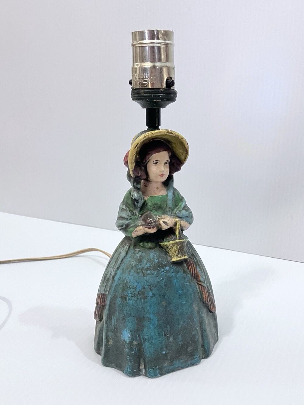 Vintage Spelter Metal Table Lamp Colonial Girl Figure Antique Door Stop Statue